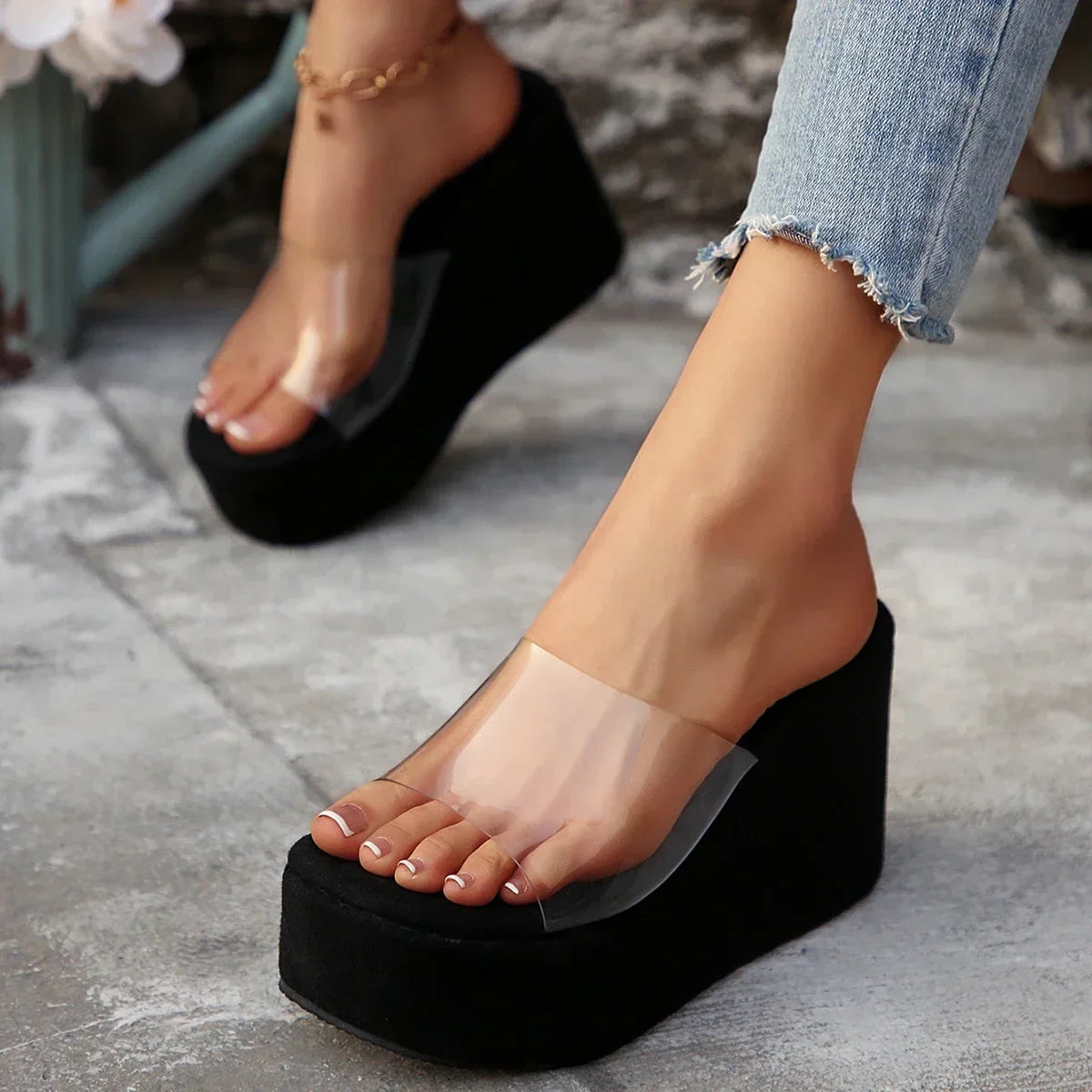 Trade Big Size New Style One-Strip Transparent Toe Exposed Platform Thick-Heeled Waterproof Platform Slippers Women's Slippers