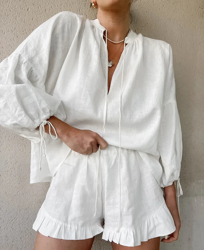 Fashion White Long Sleeve Shirts And Shorts Two Piece Sets Women 2025 Summer Cotton Casual Home 2 Piece Sets Women Outfit