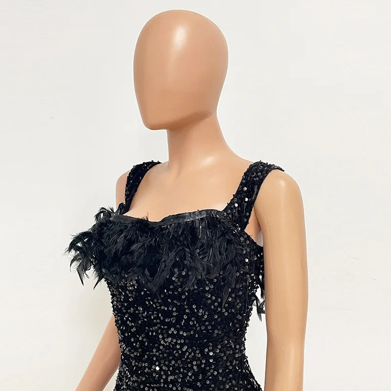 Spring And Summer Women's Clothing MINI Short Solid Color New Wind Sequins Halter Beach Dress One-word Shoulder Feathers Spice G
