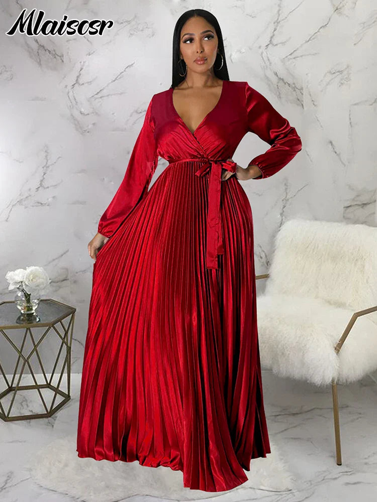 Mlaiscsr Elegant Wedding Guest Pleated Long Dress Women V Neck Lantern Sleeves Sashes Big Swing Sexy Birthday Party Evening Robe