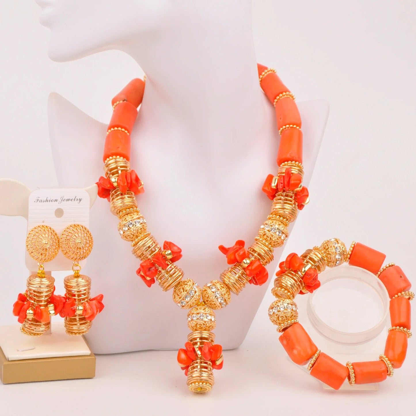 splendid orange nigeria coral beads necklace african jewelry set bridal wedding jewelry sets C21-23-01