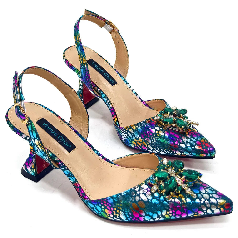 2025 New Yellow Color Thin Heels Pointed Toe Crystal Design Ladies Shoes Matching Bag Set For Women Weeding Party Pump