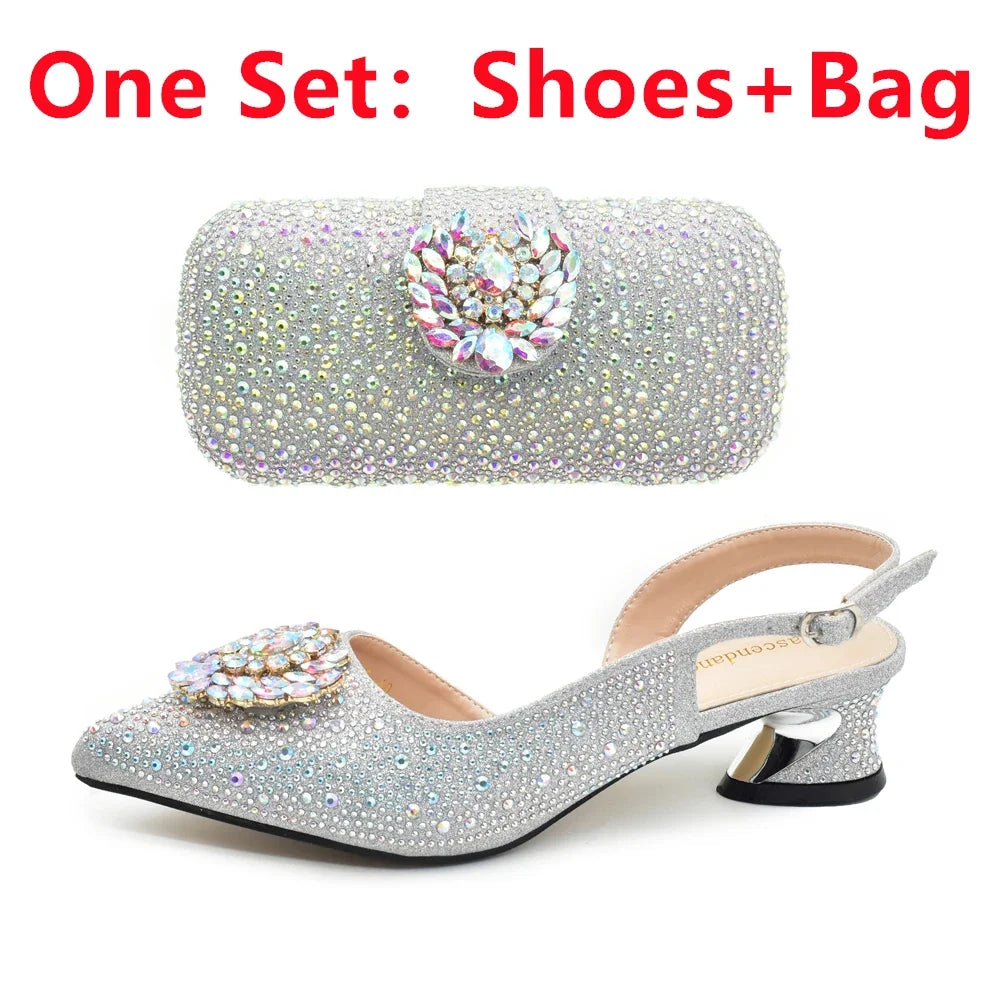 Elegant Italian Women's Rhinstone Pumps Heels Shoes and Bag Set To Match for Weddings and Party
