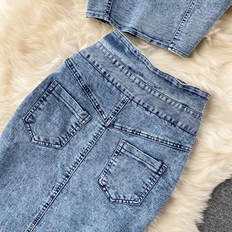 CM.YAYA Women Denim Sets Sleeveless Strap Crop Top and Long Skirts Suits 2024 Summer Jeans Streetwear Two 2 Piece Sets Outfits