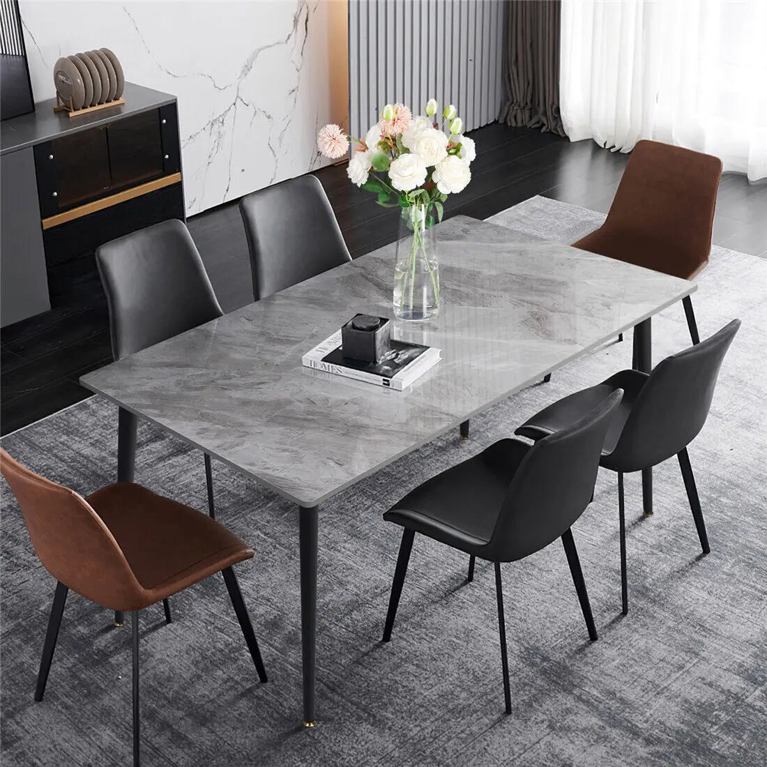 High Gloss 4-6 Seat Rectangular Marble Dining Table for Kitchen Island Restaurant Lunch Dinner Table Metal Frame