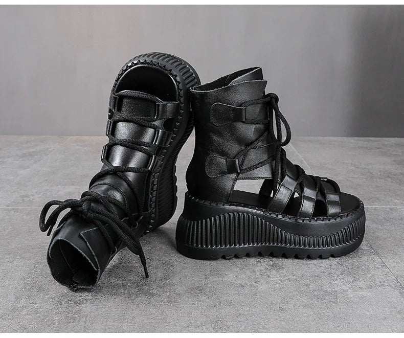 Koznoy 8cm Ethnic Cow Genuine Leather Ankle Booties Women Hollow Peep Toe Platform Wedge Breathable Zip Summer Fashion Shoes