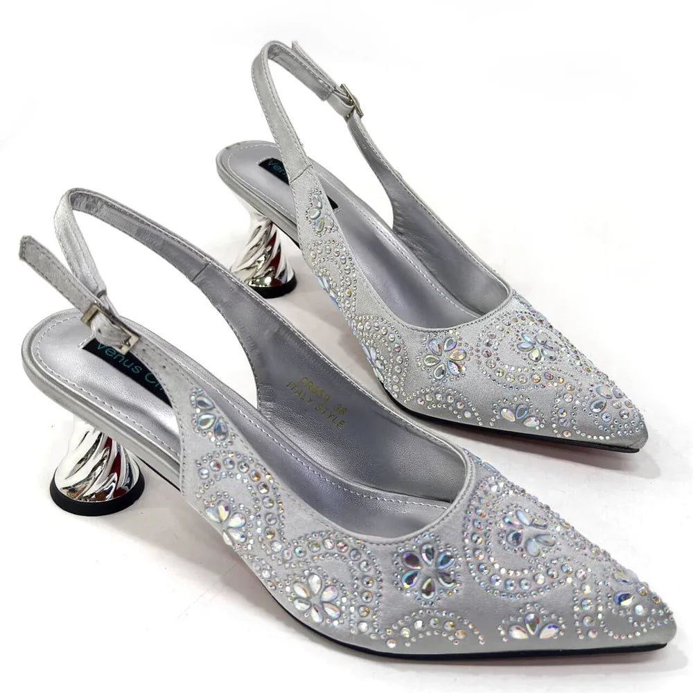 Elegant And Sexy Fuchsia Color High Heels Shoes And Bag With Rhinestone Embellished Toe Is Comfortable Women's Shoes For Party