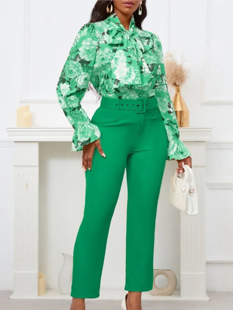 Fashion Print Two Piece Set Women Office Suits Tie Bow Neck Button Shirt + Belt Pencil Pants Elegant Slim Lady Sets Casual shirt