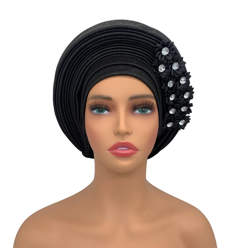 2024 New African Headtie Turban Nigeria Head Ties with Flowers Already Made Auto Gele Women Head Wraps for Wedding Party