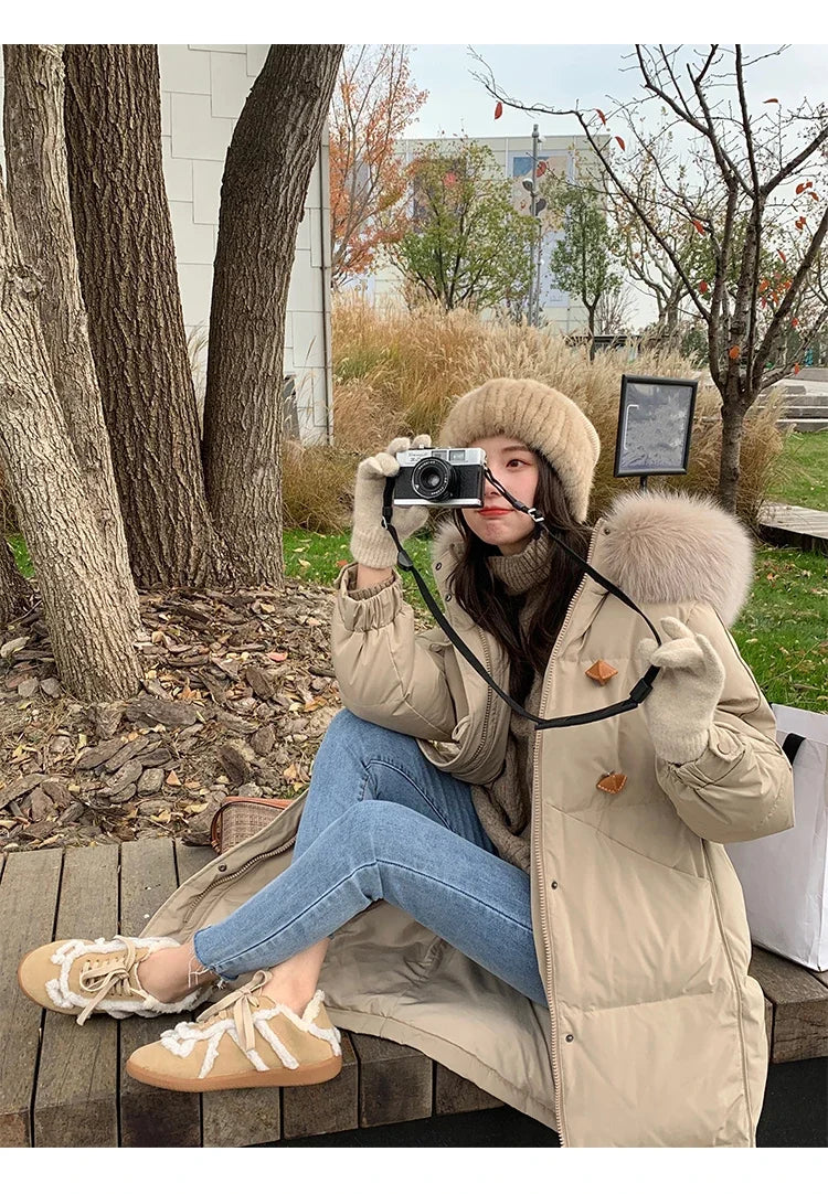Women's Large Fur Collar Hooded Warm Thick Padded Parka Jacket
