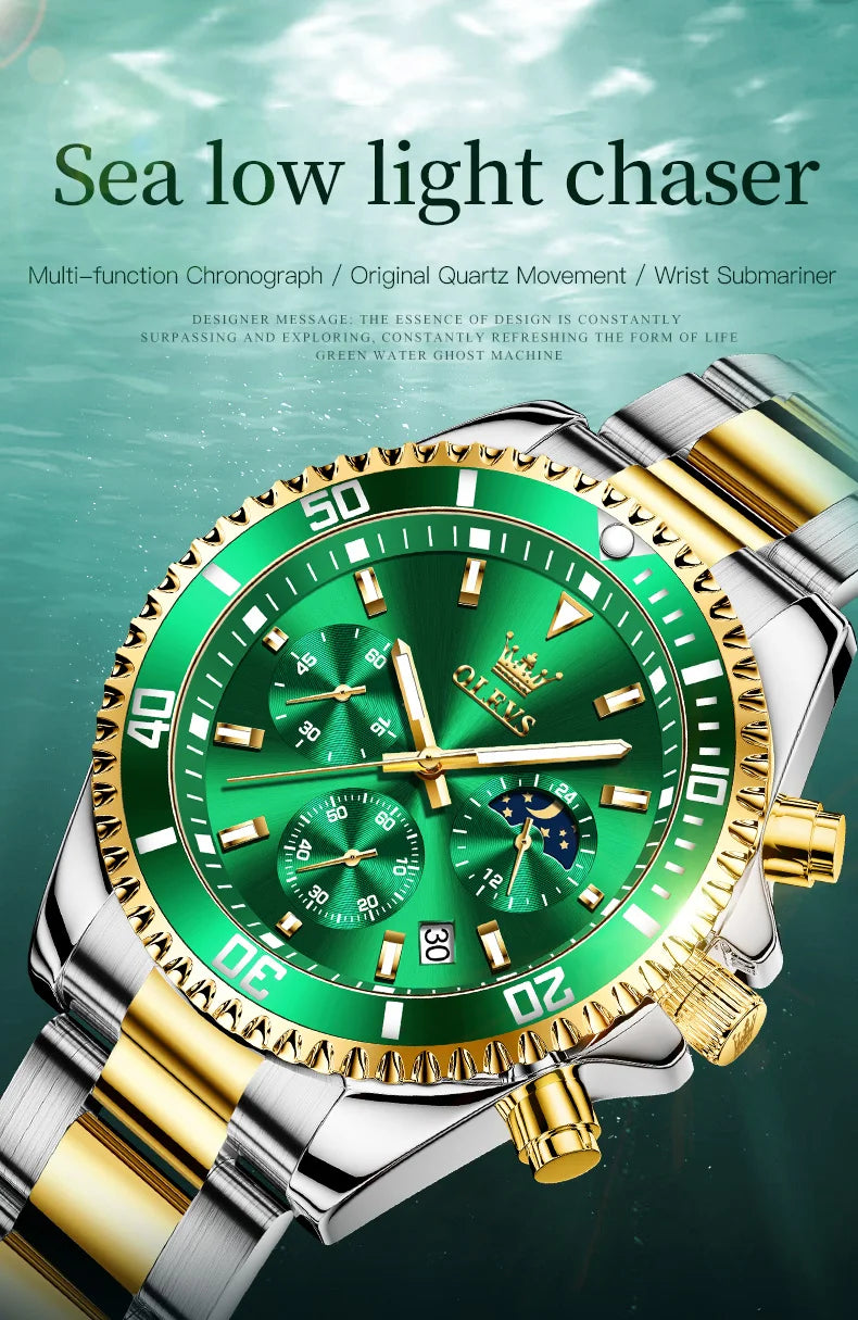 Men's Watches Top Brand Luxury Watch for Men Original Waterproof Stainless Steel Chronograph Moon Phase Date Rota Dial