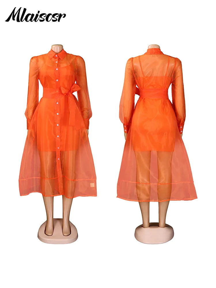 Mlaiscsr African Party Women Elegant Strap Mini Dress and Single Breasted Mesh Shirts Dress 2 Pieces Sets Beach Summer Vestidos