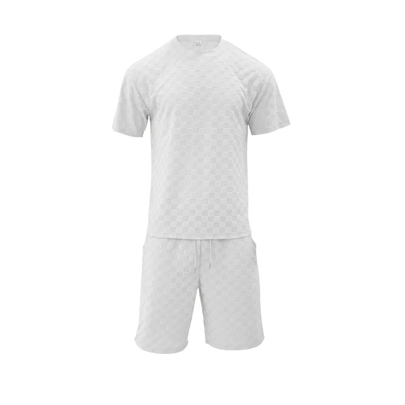 Men White Jacquard Checkered Short Sleeve Shorts Set Men's High-End Two-Piece Summer Trendy Clothing One Set Match Male Fashion