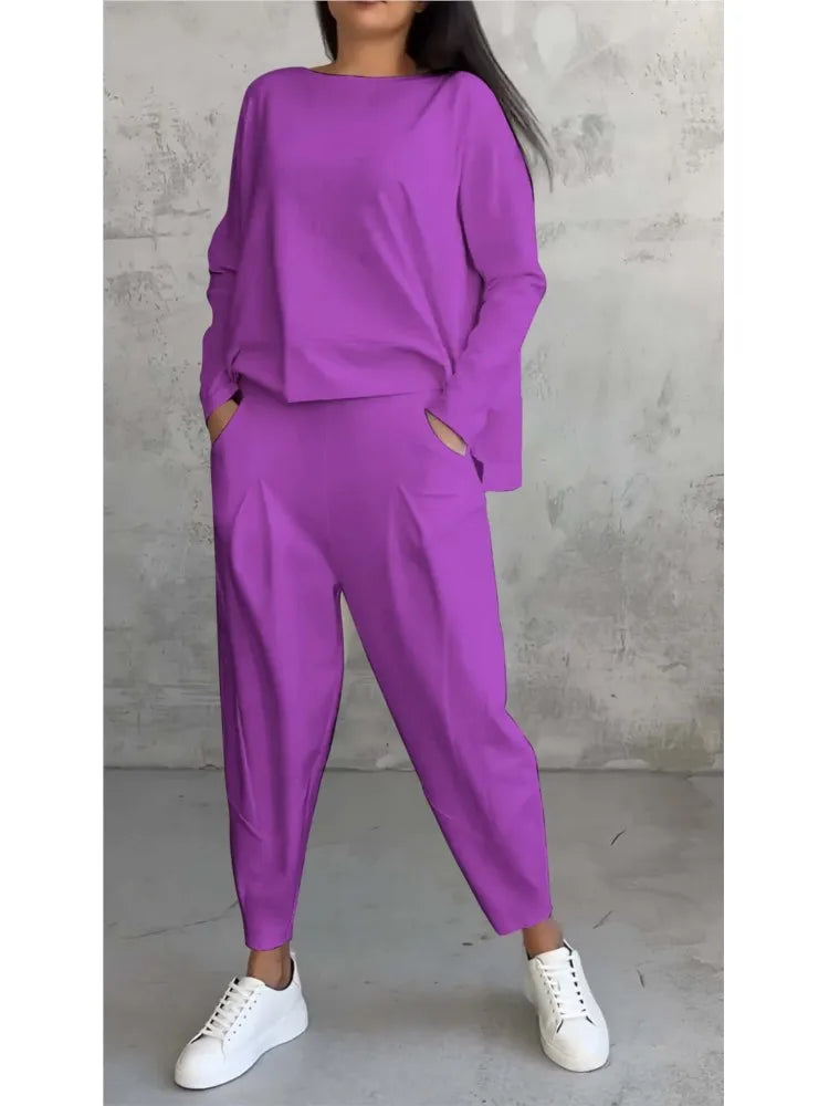 Spring Autumn Solid Women's Sports Set New Fashion Long Sleeve Irregular Loose Top Harem Pants Two Piece Set For Women Outfits