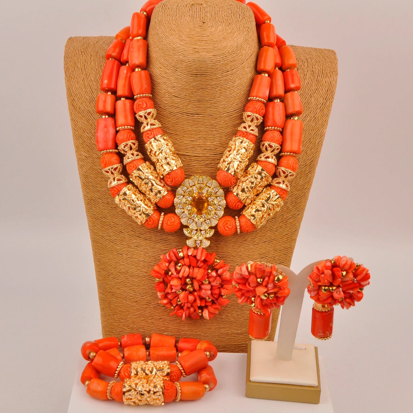 Natural coral beads orange necklace set for stylish Nigerian wedding couple African jewelry