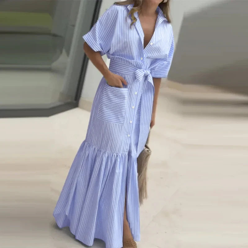 Elegant Striped Printing Short Sleeve Maxi Long Dress Casual Daily Shirt Dress 2025 VONDA Beach Party Sundress Bohemian Vestidos