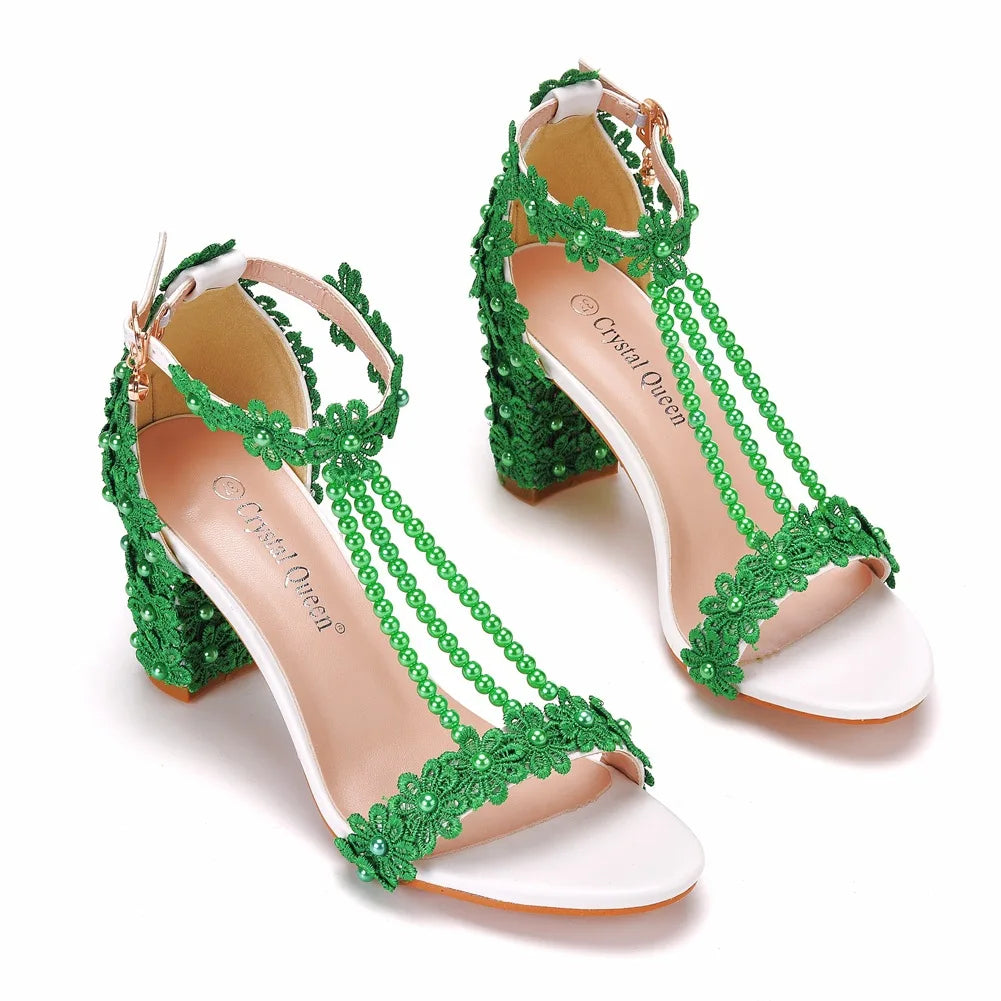 Plus Size 34-43 Shoes for Women Summer Lace Flower Sandals Peep Toe Fashion String Bead High Heel Party Wedding Evening Shoes