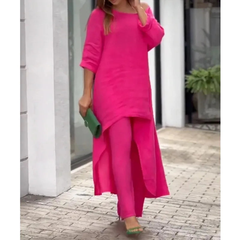 Women's Cotton Linen Long Pants Sets Fashion Solid Casual Irregular Tops Wide Leg Pant Suits Office Lady Two Piece Sets Clothes