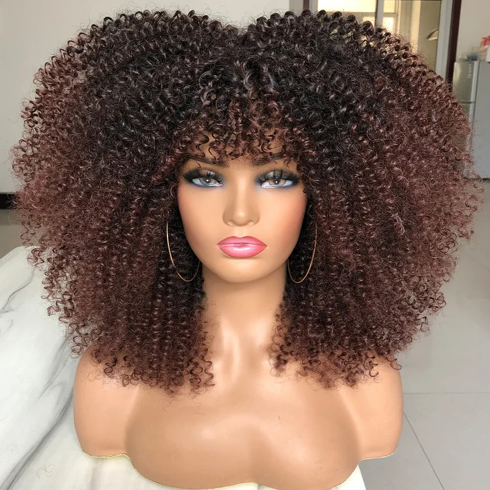Curly Afro Wigs for Black Women Short Curly Wig with Bangs Kinky Curls Curly Hair Synthetic Wigs for African American Women