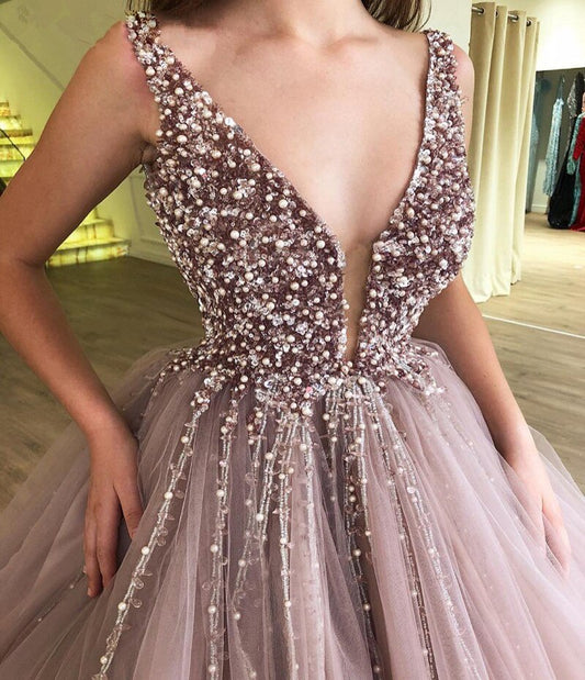 V-Neck Ball Gown Quinceanera Dresses Sparkly Beading Tulle Formal Masquerade Cinderella Birthday 15th Party Gown
