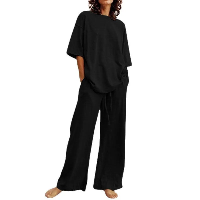 Fashion Women's 2-piece Set 2024 Summer Casual Loose Lace Up Pocket Set Half Sleeve O-Neck Top And Wide Leg Pants Set Outfits