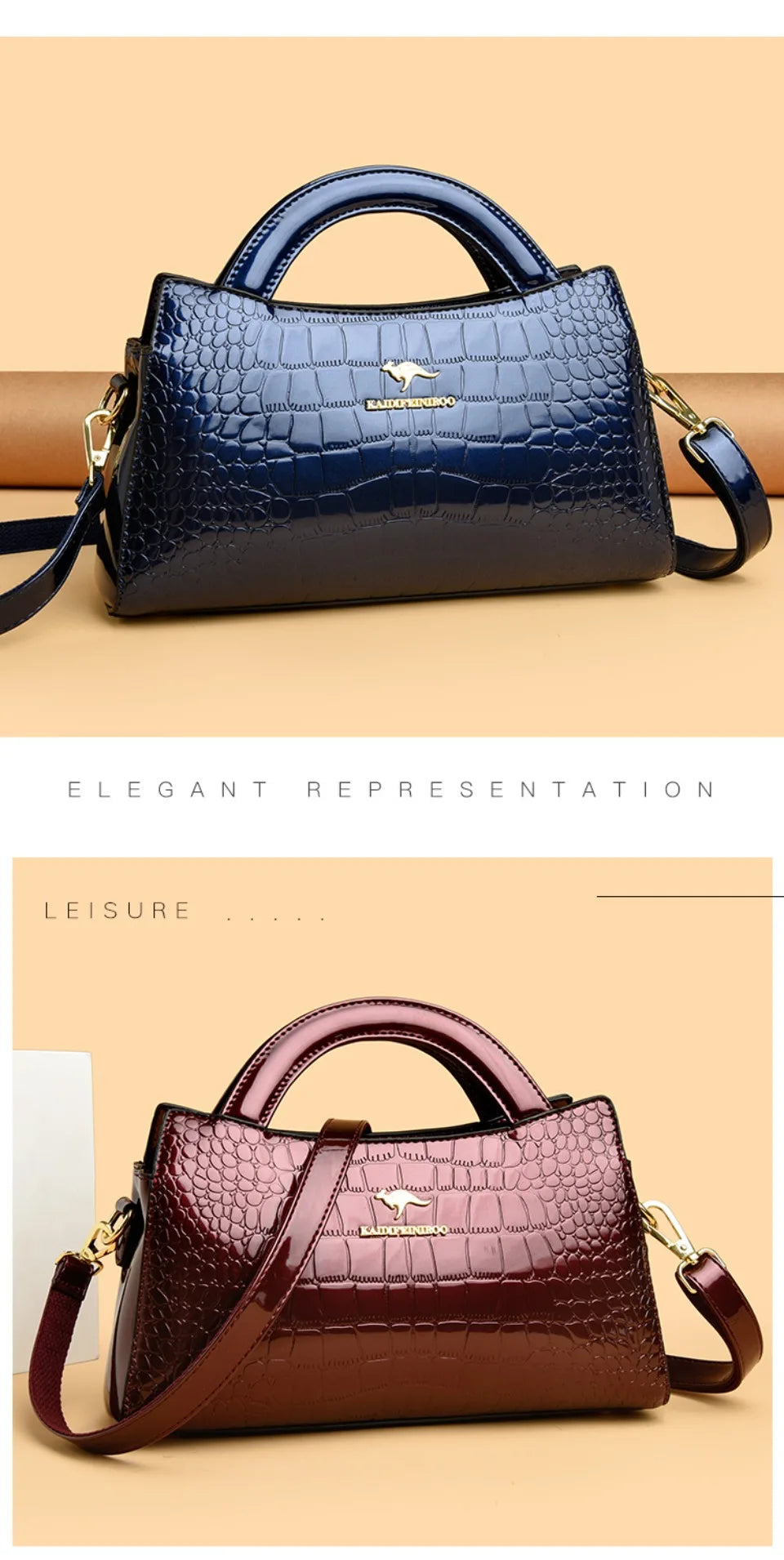 Kangaroo Brand Alligator Pu Leather Shoulder Bag Clutch Hand Bags