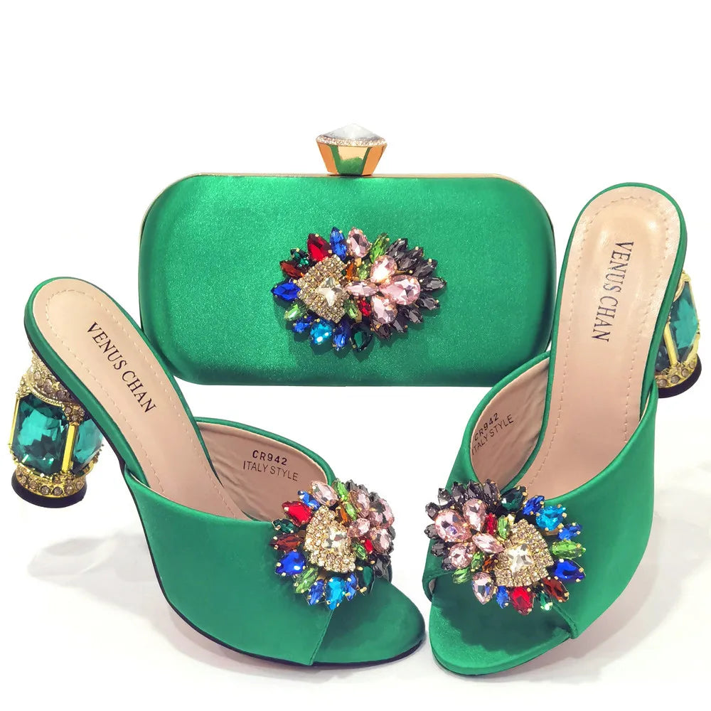 2022 Yellow Color Luxury Rhinestone Heel Fashion Party Women's High Heels Elegant Evening Sandals Wedding Bags and Shoes with