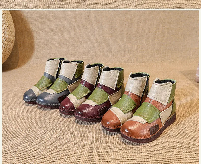 Winter Genuine Leather Flat-soled women shoes Casual shoes women Boots Color Matching Short Boots Warm Comfortable Cotton Shoes
