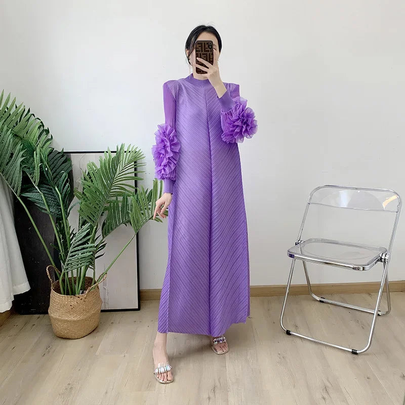 Pleated Maxi Long Dress Mesh Petal Sleeve Half Turtleneck Formal Dresses for Women 2024 New Hot Sales
