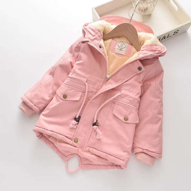 Winter Kids Clothes Plus Velvet Thicken Warm Jacket for Girls Casual Zipper Boys Outerwear Solid Versatile Children's Clothing