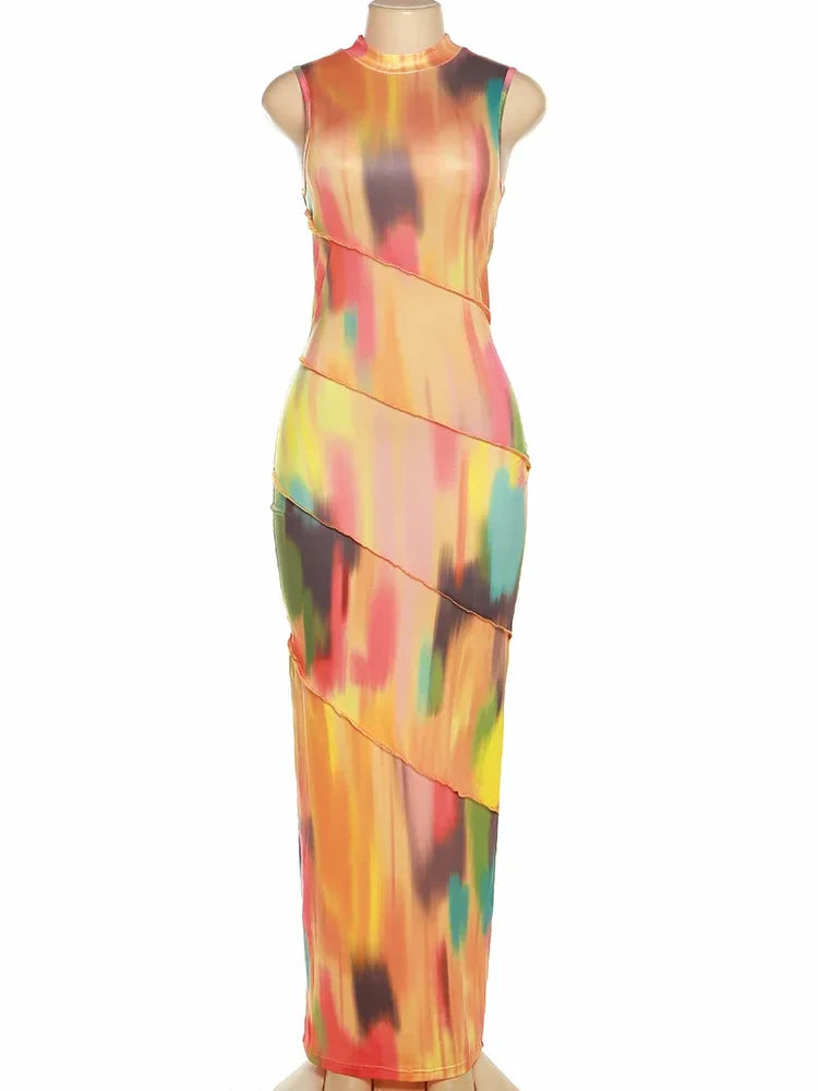 BWQ Colorful Tie-dye O-neck Maxi Dress Women Hipster Topstitch Patchwork Sleeveless Slim Robe Female Streetwear Vestido