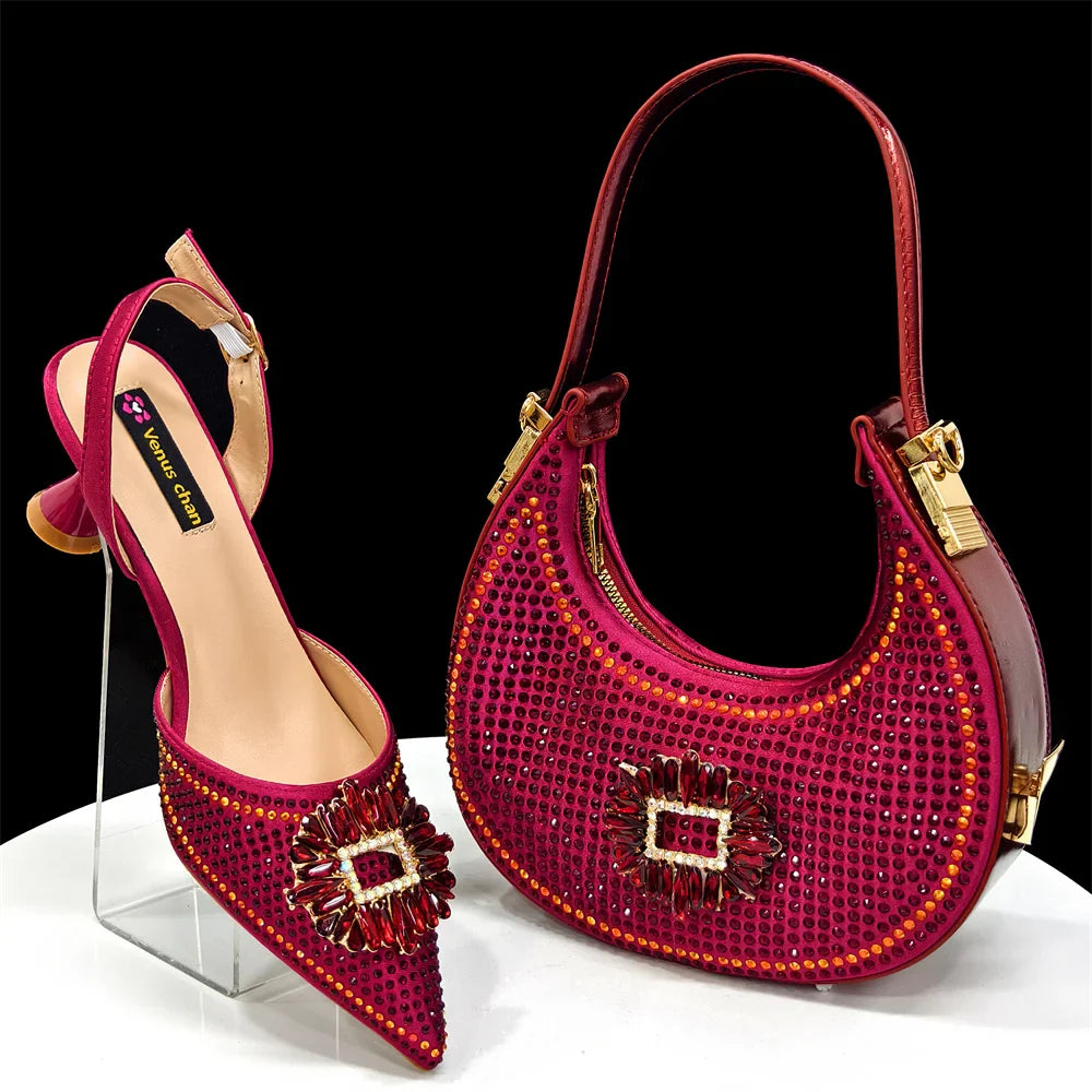 2025 Nigerian Women's Party Shoes and Bags Medium Heel Pointed Toe Elegant Party Footwear With Matching Color Handbag for Women