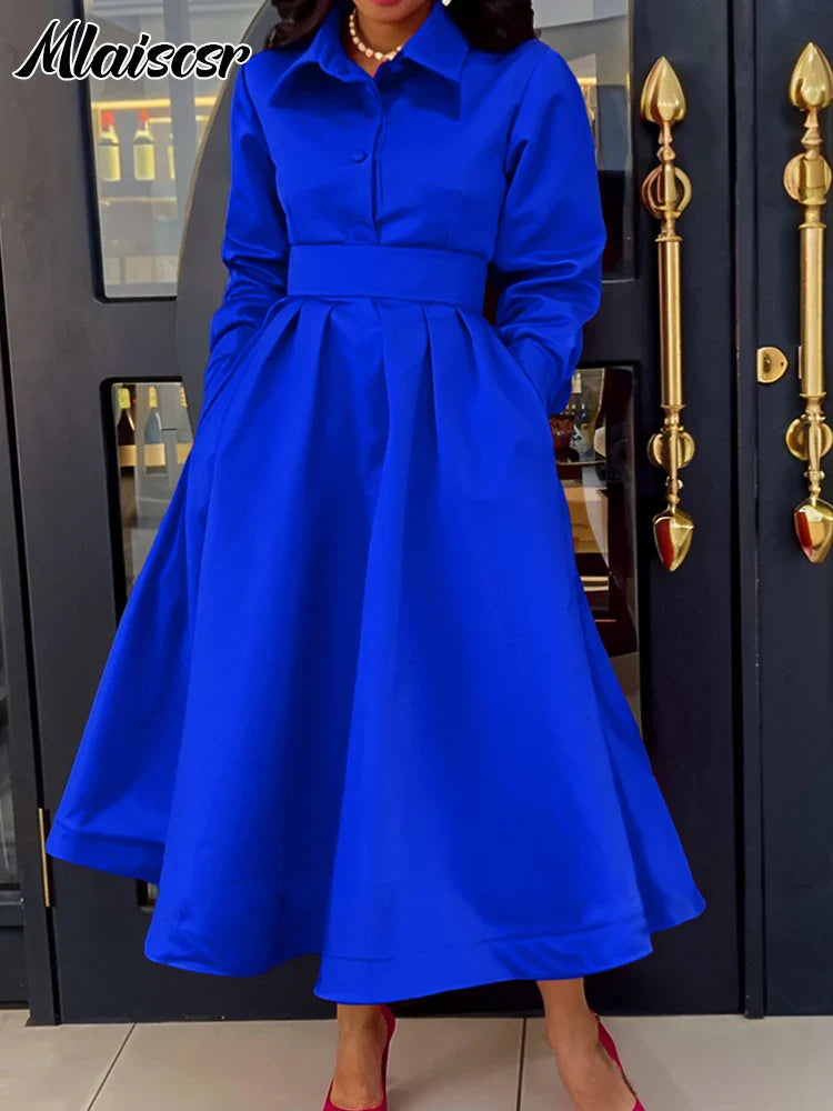 Mlaiscsr Lapel Button A Lint Khaki Mid Dress Women Elegant Office Long Sleeve Bandage Pocket Pleated Birthday Commuter Vestidos