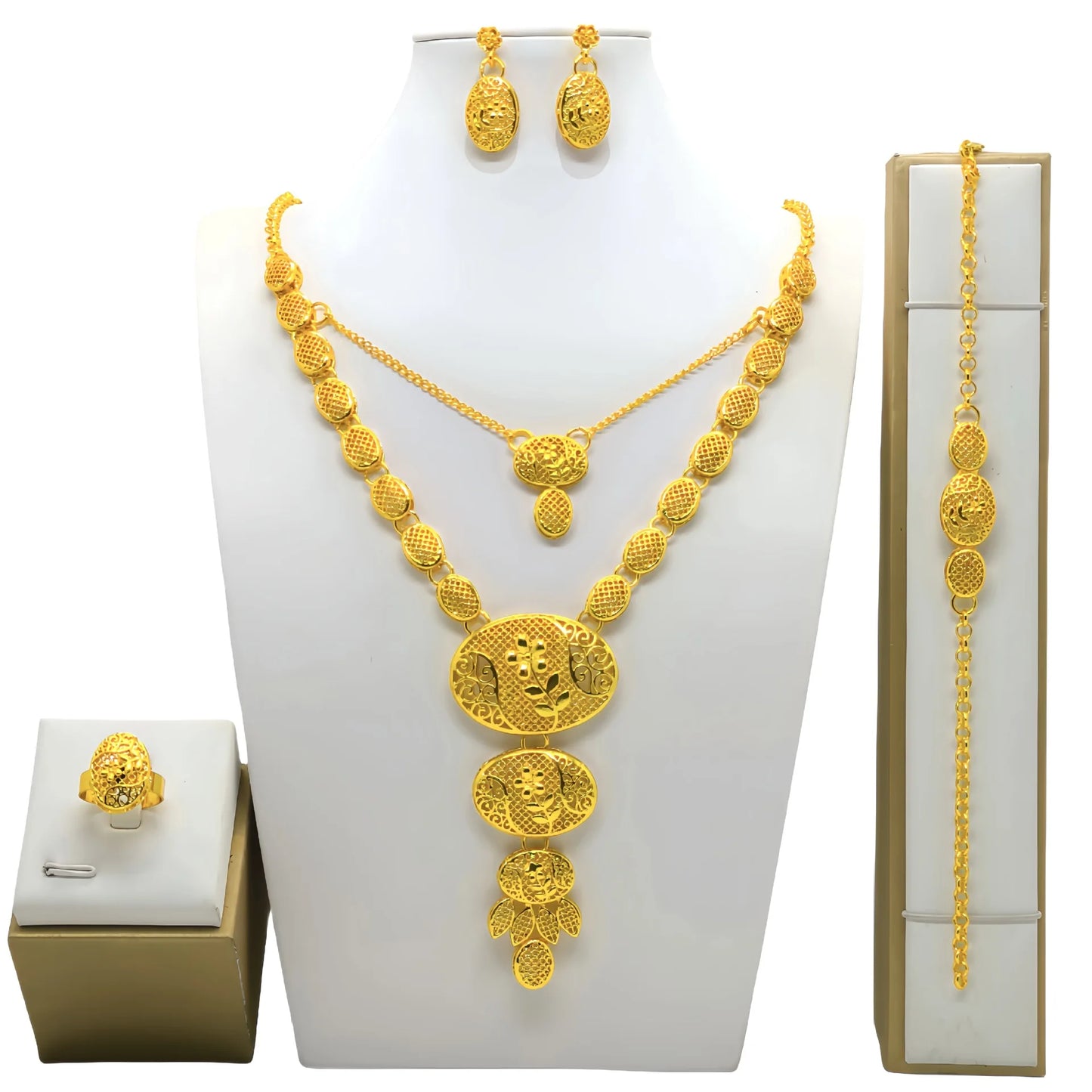 Fashion Dubai Flower Design Luxury 24k Gold Color Women's Jewelry Set African Fashion Bracelet Earrings Necklace Ring Four Piece
