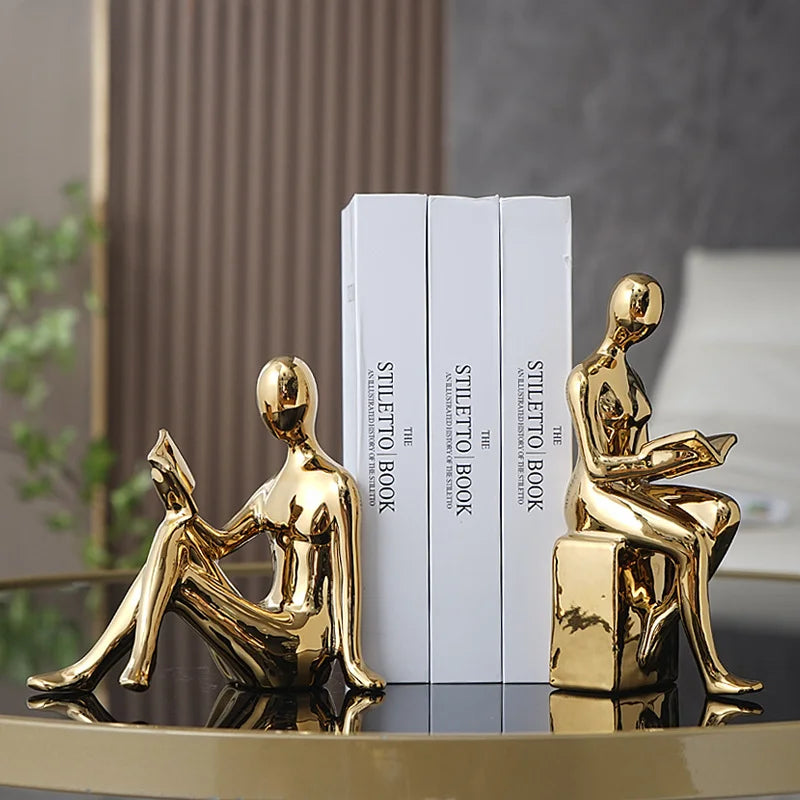 Modern Ceramic Reading Couple Bookends – Gold or Silver Abstract Sculptures (Set of 2)