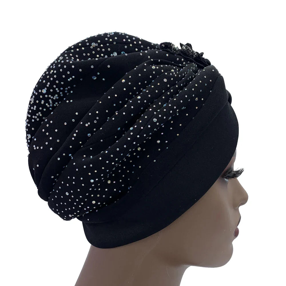 Elegant African Turban Cap with Shiny Rhinestone Ready to Wear Nigeria Auto Gele Headtie Party Women's Head Wrap Bonnet Turbante