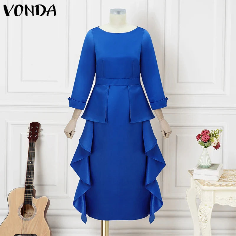 Plus Size 5XL Bohemian Maxi Long Dress 2025 VONDA Women Elegant Satin Dress Ruffle Sundress Casual Vestidos Solid Color Robe