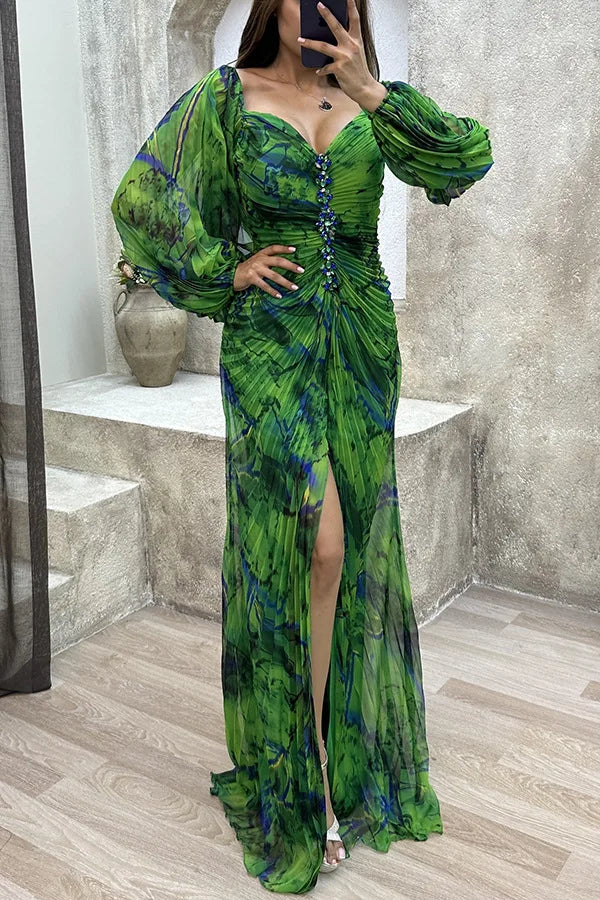 Women Floral Lantern Long Sleeve Dress Elegant Rhinestone Off Shoulder Maxi Dresses Sexy Deep V-neck  Waist Split Parties Dress
