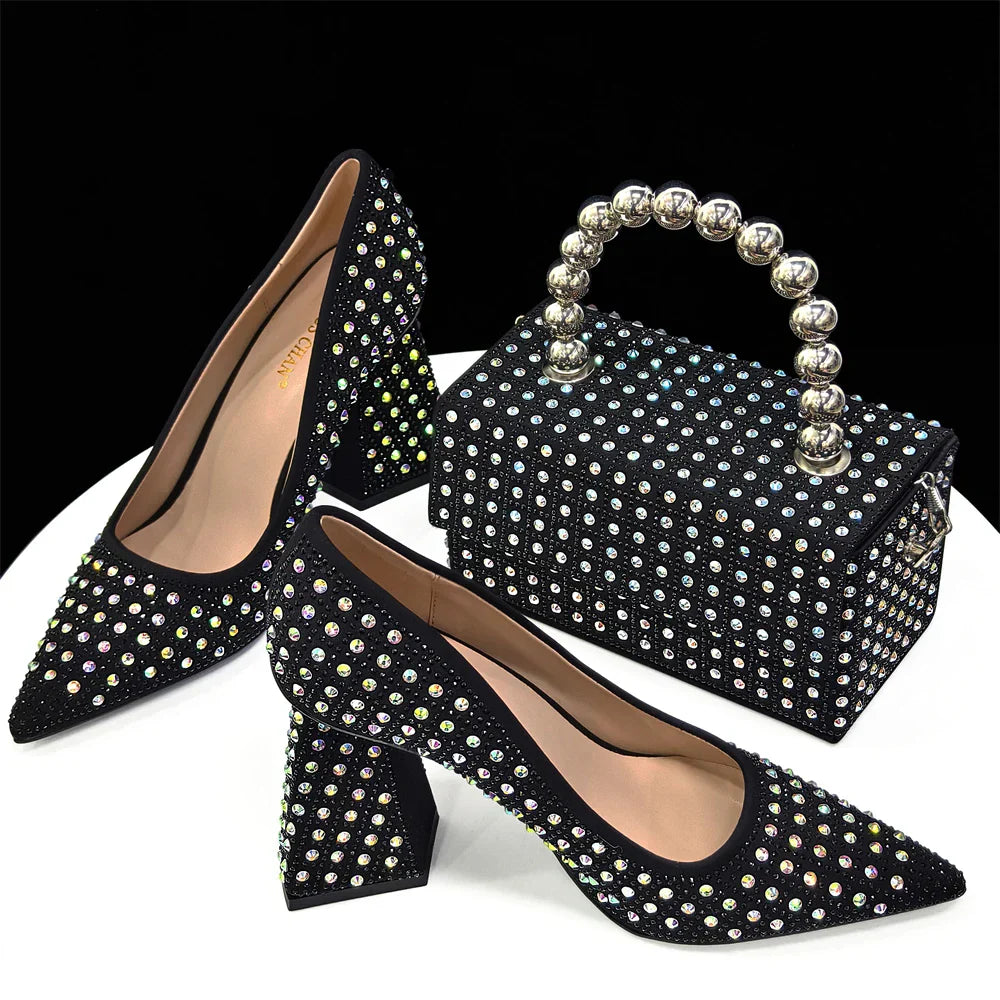 Elegant Women's Yellow PointShoes and Bag Set Rhinestone For Party And Wedding