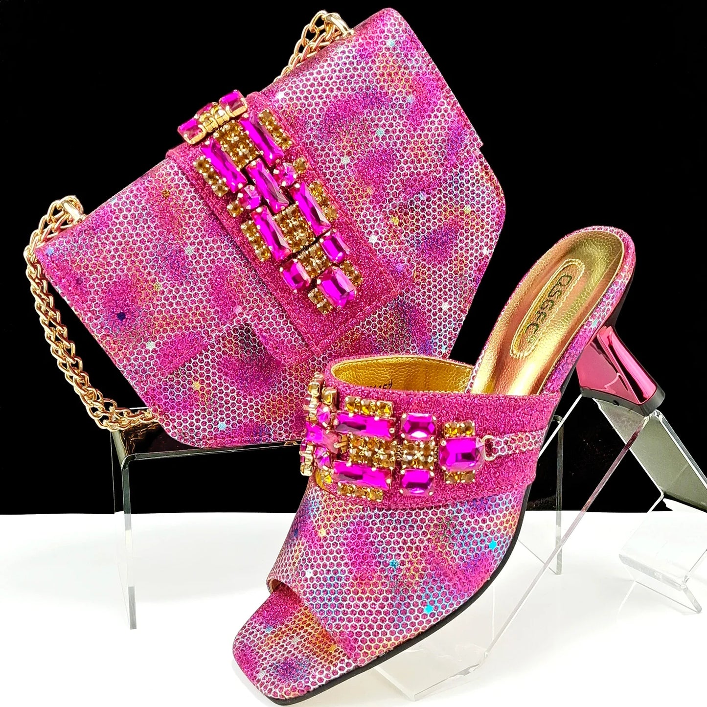 Italian Fashionable Square toe Women Heels Rhinestone Decoration Shoe and Bag set