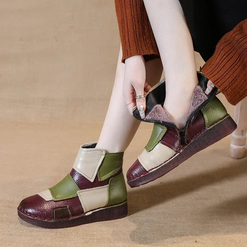 Winter Genuine Leather Flat-soled women shoes Casual shoes women Boots Color Matching Short Boots Warm Comfortable Cotton Shoes