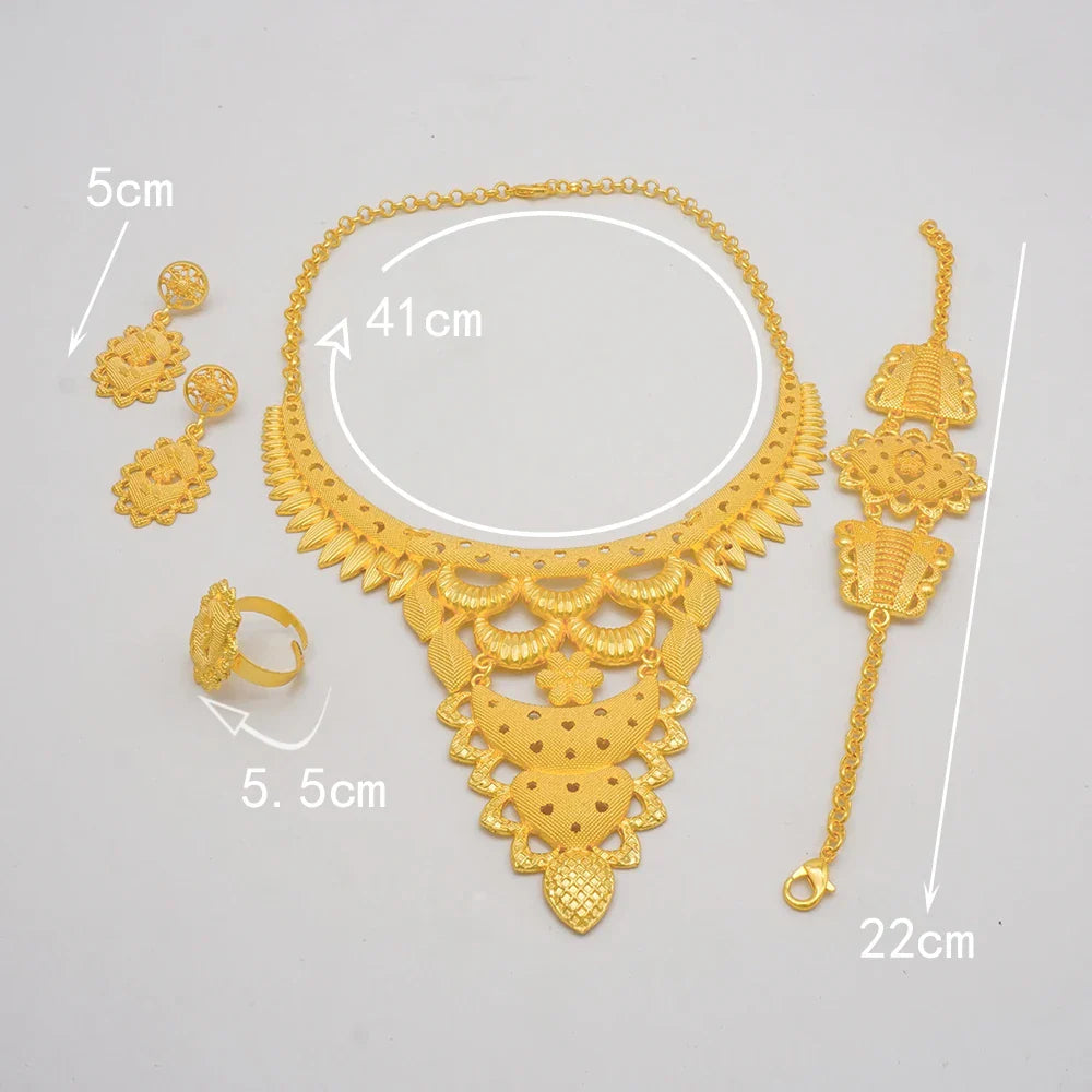 Indian Dubai Gold Color Jewelry Sets For Women Earring & Necklace Nigeria Moroccan Bridal Wedding Party Gifts