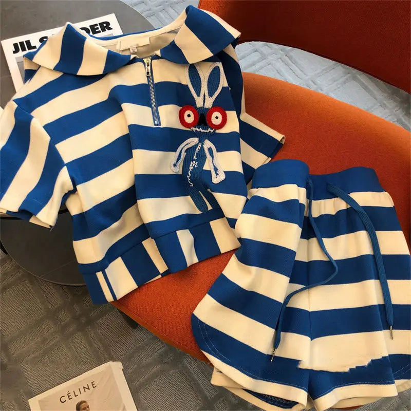 Spring and summer casual fashion sportswear slim fit striped printed short sleeved top+shorts two-piece set