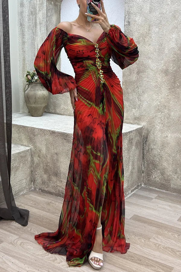Women Floral Lantern Long Sleeve Dress Elegant Rhinestone Off Shoulder Maxi Dresses Sexy Deep V-neck  Waist Split Parties Dress