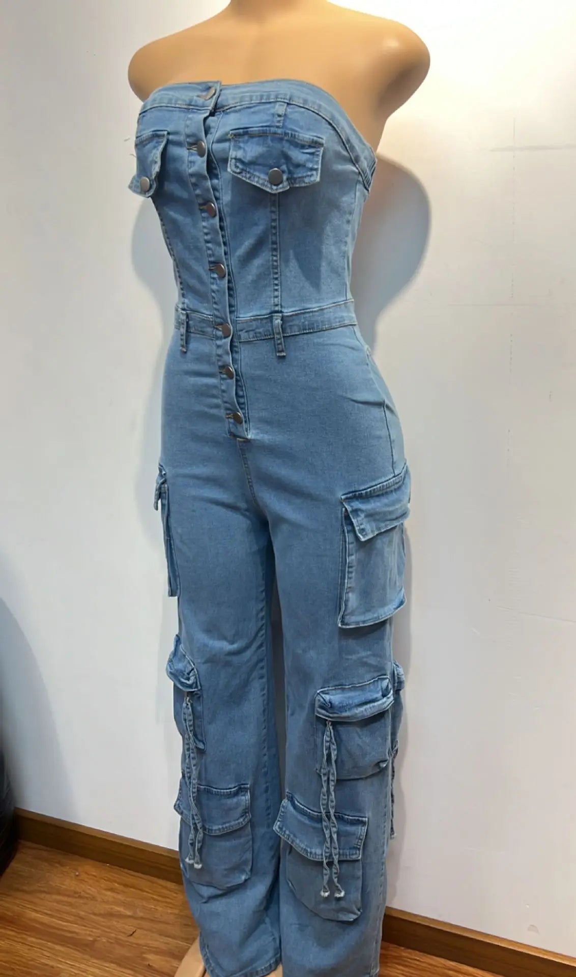 CM.YAYA Women Strapless Sleeveless Wide Leg Jeans Jumpsuits Button Pockets Cargo Street Night Playsuit One Piece Suit Rompers