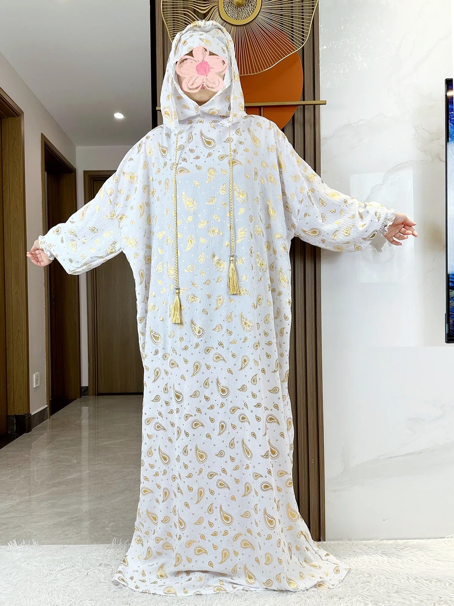 High Grade Fabric Cotton Ramadan Muslim Women's Abaya with Two-Hats Dubai Turkey Style Islamic Prayer Clothing Kaftan Dress