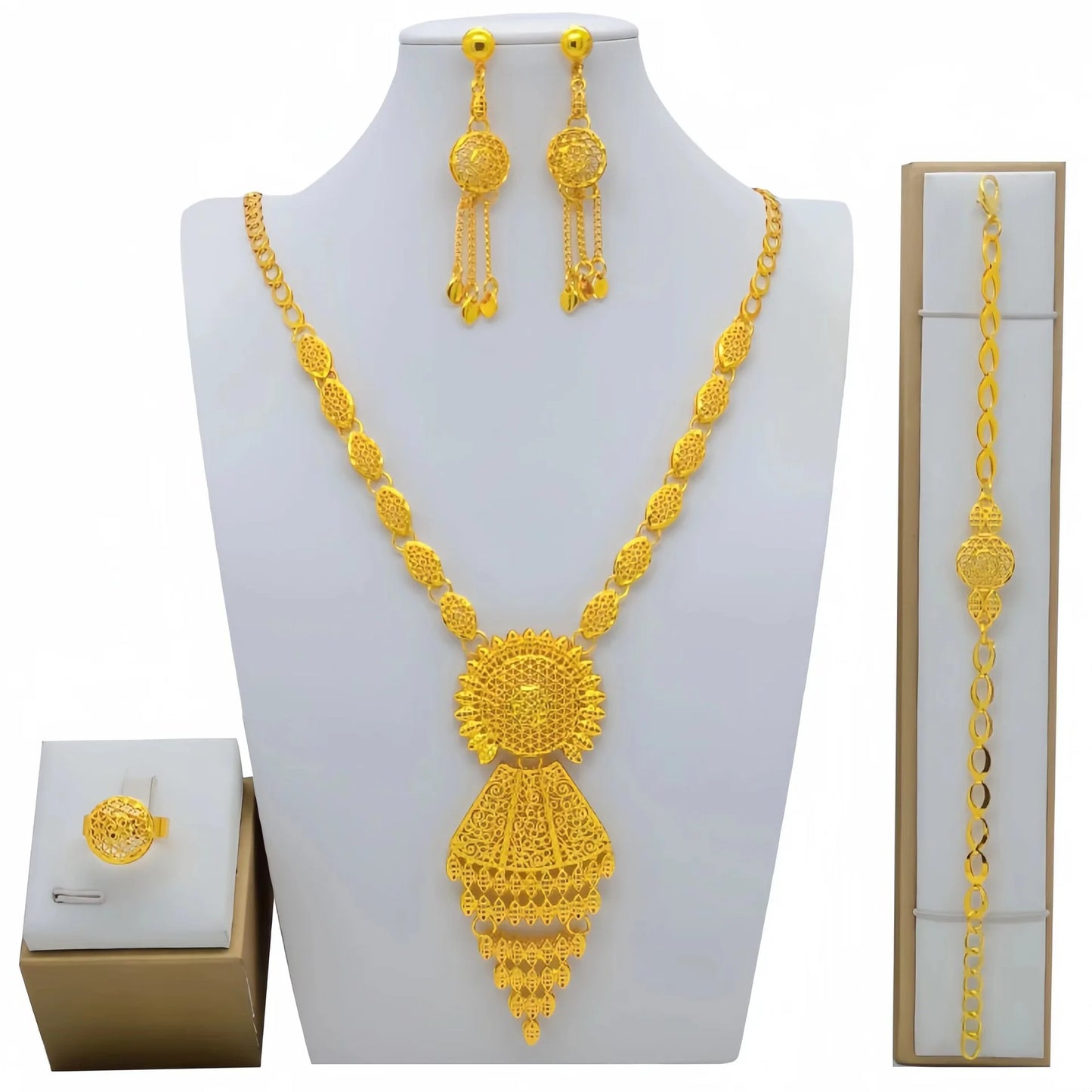 Fashion Dubai Flower Design Luxury 24k Gold Color Women's Jewelry Set African Fashion Bracelet Earrings Necklace Ring Four Piece