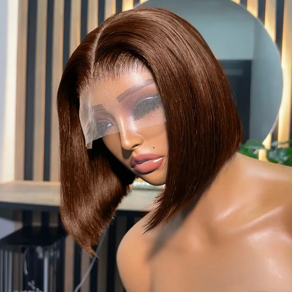 Brazilian  250 Density Short Bob 13x4 HD Transparent Lace Front Human Hair Wig Chocolate Brown Straight 13x5 Lace Frontal Wigs
