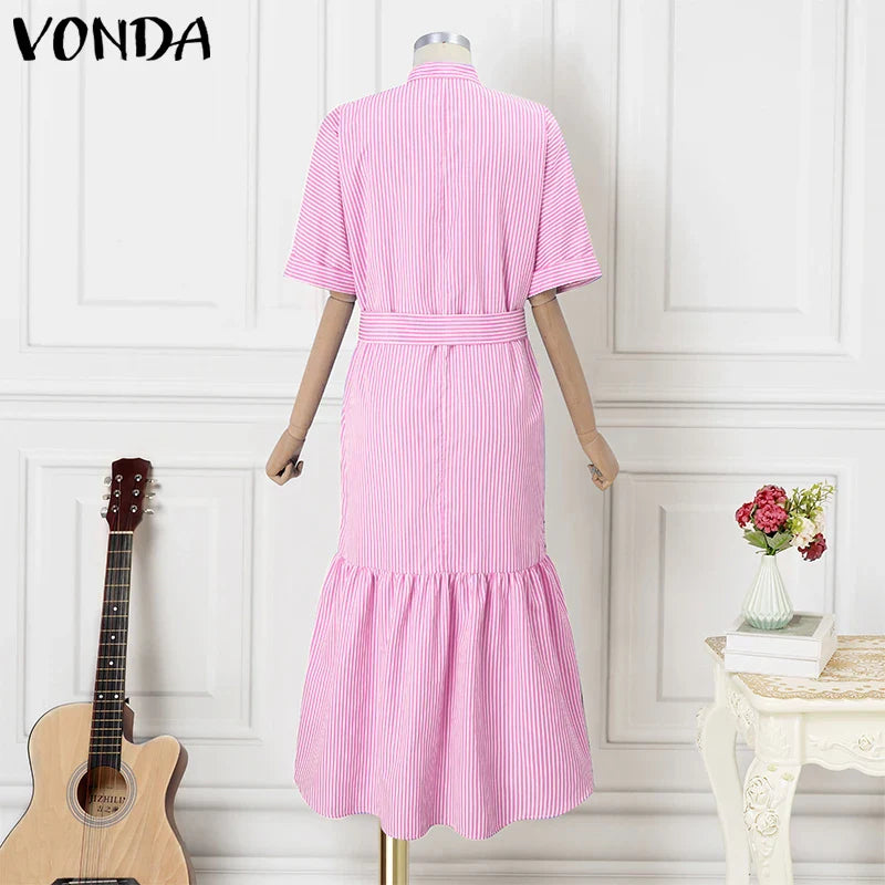 Elegant Striped Printing Short Sleeve Maxi Long Dress Casual Daily Shirt Dress 2025 VONDA Beach Party Sundress Bohemian Vestidos