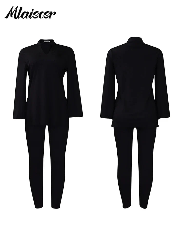 Mlaiscsr Causal Solid 2 Piece Set Women V Neck Loose Fit Tops and Legging Jogger Pants Suit Stretwear Birthday Tracksuits Outfit